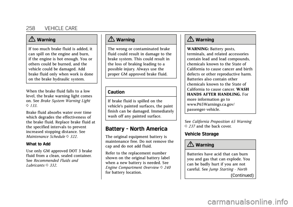 CADILLAC XTS 2019  Owners Manual Cadillac XTS Owner Manual (GMNA-Localizing-U.S./Canada-12032610) -
2019 - crc - 8/22/18
258 VEHICLE CARE
{Warning
If too much brake fluid is added, it
can spill on the engine and burn,
if the engine i