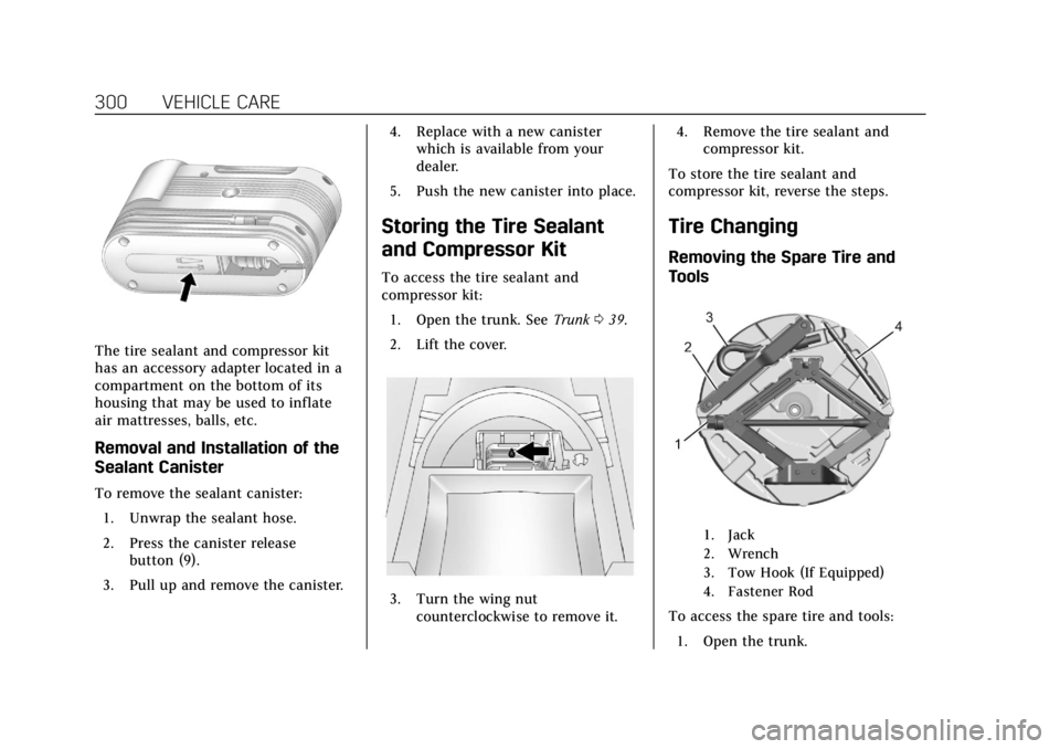 CADILLAC XTS 2019 Owners Manual Cadillac XTS Owner Manual (GMNA-Localizing-U.S./Canada-12032610) -
2019 - crc - 8/22/18
300 VEHICLE CARE
The tire sealant and compressor kit
has an accessory adapter located in a
compartment on the bo CADILLAC XTS 2019 Owners Manual Cadillac XTS Owner Manual (GMNA-Localizing-U.S./Canada-12032610) -
2019 - crc - 8/22/18
300 VEHICLE CARE
The tire sealant and compressor kit
has an accessory adapter located in a
compartment on the bo