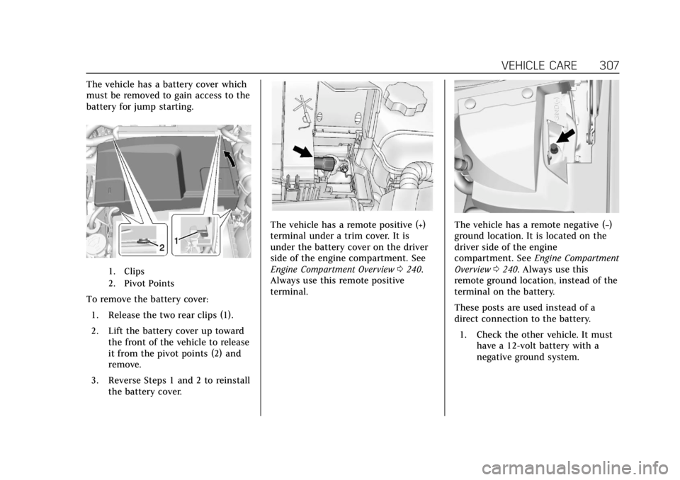 CADILLAC XTS 2019  Owners Manual Cadillac XTS Owner Manual (GMNA-Localizing-U.S./Canada-12032610) -
2019 - crc - 8/22/18
VEHICLE CARE 307
The vehicle has a battery cover which
must be removed to gain access to the
battery for jump st