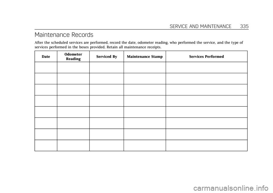CADILLAC ATS 2018 Owners Manual Cadillac XTS Owner Manual (GMNA-Localizing-U.S./Canada-12032610) -
2019 - crc - 8/22/18
SERVICE AND MAINTENANCE 335
Maintenance Records
After the scheduled services are performed, record the date, odo CADILLAC ATS 2018 Owners Manual Cadillac XTS Owner Manual (GMNA-Localizing-U.S./Canada-12032610) -
2019 - crc - 8/22/18
SERVICE AND MAINTENANCE 335
Maintenance Records
After the scheduled services are performed, record the date, odo