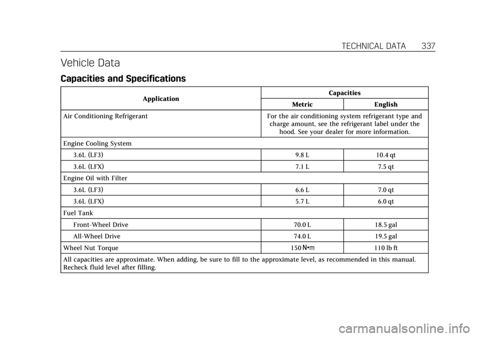 CADILLAC ATS 2018 Owners Manual Cadillac XTS Owner Manual (GMNA-Localizing-U.S./Canada-12032610) -
2019 - crc - 8/22/18
TECHNICAL DATA 337
Vehicle Data
Capacities and Specifications
ApplicationCapacities
Metric English
Air Condition CADILLAC ATS 2018 Owners Manual Cadillac XTS Owner Manual (GMNA-Localizing-U.S./Canada-12032610) -
2019 - crc - 8/22/18
TECHNICAL DATA 337
Vehicle Data
Capacities and Specifications
ApplicationCapacities
Metric English
Air Condition