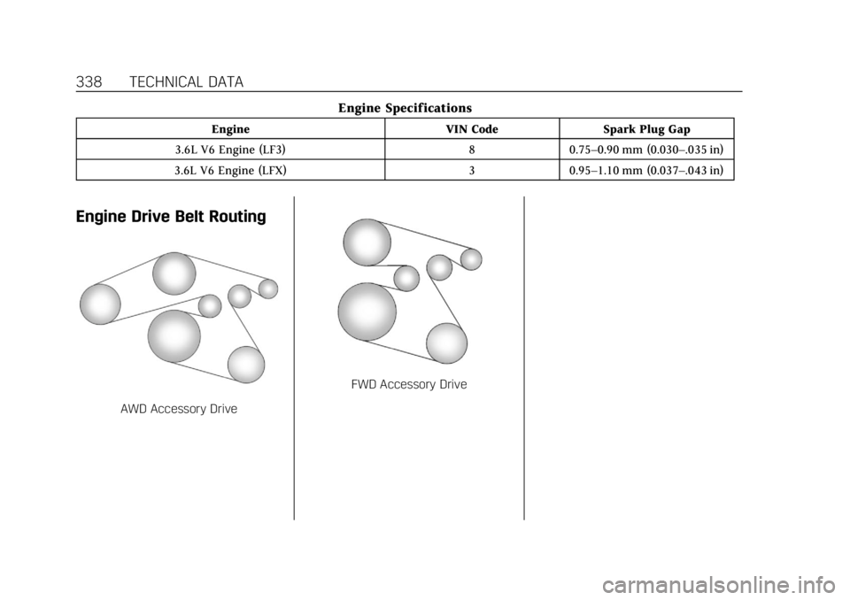 CADILLAC XTS 2019  Owners Manual Cadillac XTS Owner Manual (GMNA-Localizing-U.S./Canada-12032610) -
2019 - crc - 8/22/18
338 TECHNICAL DATA
Engine Specifications
EngineVIN CodeSpark Plug Gap
3.6L V6 Engine (LF3) 80.75–0.90 mm (0.03