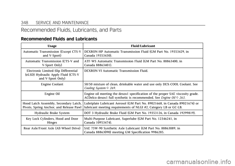 CADILLAC CTS 2018  Owners Manual Cadillac CTS/CTS-V Owner Manual (GMNA-Localizing-U.S./Canada/Mexico-
11349156) - 2018 - CRC - 9/29/17
348 SERVICE AND MAINTENANCE
Recommended Fluids, Lubricants, and Parts
Recommended Fluids and Lubri
