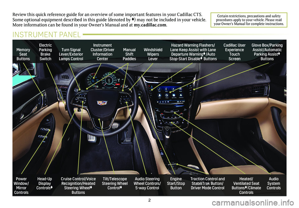 CADILLAC CTS 2018  Convenience & Personalization Guide 2
Review this quick reference guide for an overview of some important feat\
ures in your Cadillac CTS. Some optional equipment described in this guide (denoted by ♦) may not be included in your vehi