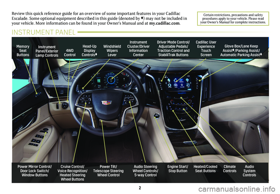 CADILLAC ESCALADE 2018  Convenience & Personalization Guide 2
Review this quick reference guide for an overview of some important feat\
ures in your Cadillac Escalade. Some optional equipment described in this guide (denoted by ♦) may not be included in your