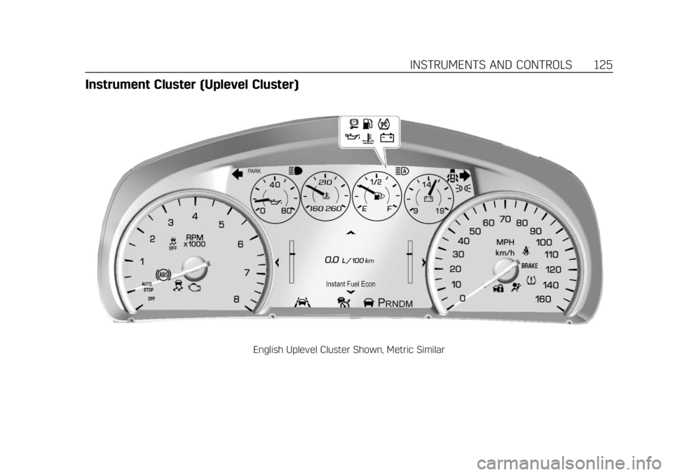 CADILLAC XT5 2018 Owners Manual Cadillac XT5 Owner Manual (GMNA-Localizing-U.S./Canada/Mexico-
11349110) - 2018 - CRC - 9/28/17
INSTRUMENTS AND CONTROLS 125
Instrument Cluster (Uplevel Cluster)
English Uplevel Cluster Shown, Metric CADILLAC XT5 2018 Owners Manual Cadillac XT5 Owner Manual (GMNA-Localizing-U.S./Canada/Mexico-
11349110) - 2018 - CRC - 9/28/17
INSTRUMENTS AND CONTROLS 125
Instrument Cluster (Uplevel Cluster)
English Uplevel Cluster Shown, Metric