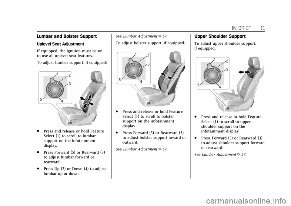CADILLAC XTS 2018 User Guide Cadillac XTS Owner Manual (GMNA-Localizing-U.S./Canada-11354412) -
2018 - crc - 11/16/17
IN BRIEF 11
Lumbar and Bolster Support
Uplevel Seat Adjustment
If equipped, the ignition must be on
to use all CADILLAC XTS 2018 User Guide Cadillac XTS Owner Manual (GMNA-Localizing-U.S./Canada-11354412) -
2018 - crc - 11/16/17
IN BRIEF 11
Lumbar and Bolster Support
Uplevel Seat Adjustment
If equipped, the ignition must be on
to use all