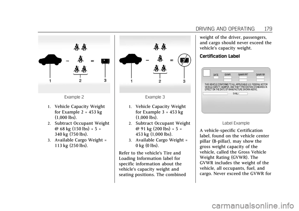CADILLAC XTS 2018  Owners Manual Cadillac XTS Owner Manual (GMNA-Localizing-U.S./Canada-11354412) -
2018 - crc - 11/16/17
DRIVING AND OPERATING 179
Example 2
1.Vehicle Capacity Weight
for Example 2 = 453 kg
(1,000 lbs).
2.Subtract Oc
