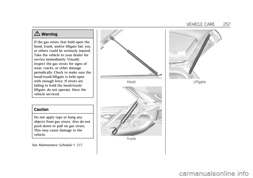 CADILLAC XTS 2018  Owners Manual Cadillac XTS Owner Manual (GMNA-Localizing-U.S./Canada-11354412) -
2018 - crc - 11/16/17
VEHICLE CARE 257
{Warning
If the gas struts that hold open the
hood, trunk, and/or liftgate fail, you
or others