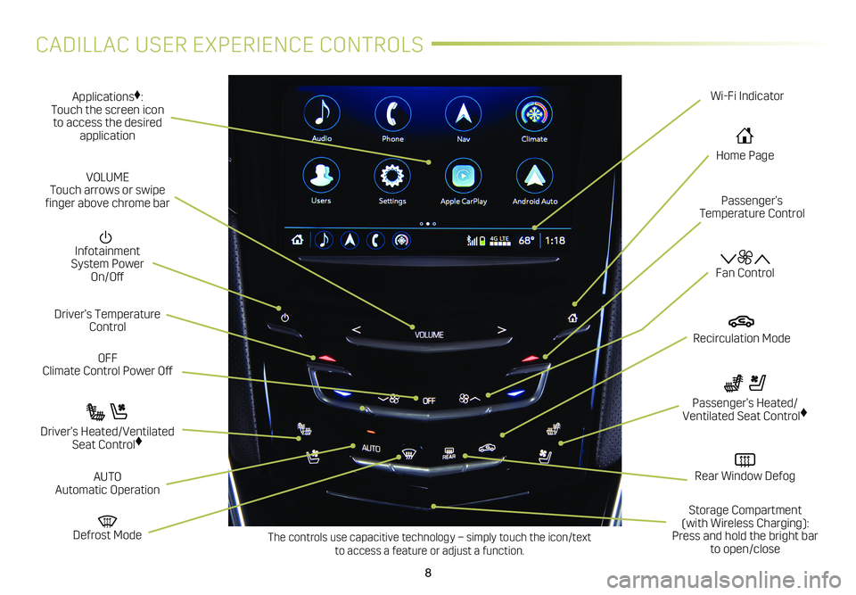 CADILLAC XTS 2018  Convenience & Personalization Guide 8
CADILLAC USER EXPERIENCE CONTROLS
Applications♦: Touch the screen icon to access the desired application
  Infotainment System Power On/Off
OFF Climate Control Power Off
  Defrost Mode
Driver’s 