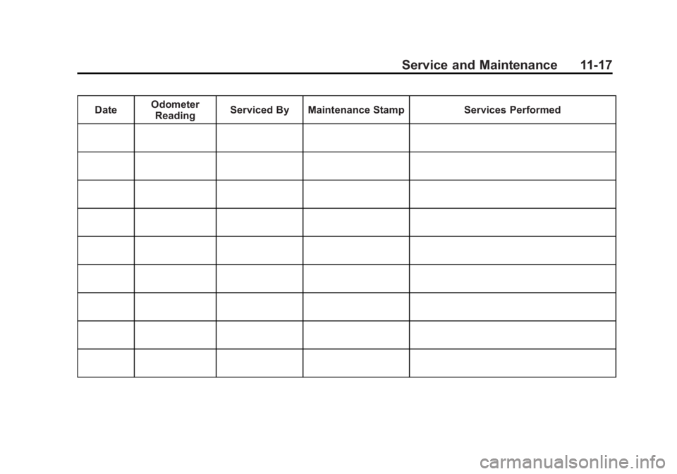 CADILLAC ATS 2014 Owners Manual Black plate (17,1)Cadillac ATS Owner Manual (GMNA-Localizing-U.S./Canada/Mexico-
6014430) - 2014 - 2nd Edition - 8/23/13
Service and Maintenance 11-17
DateOdometer
Reading Serviced By Maintenance Stam CADILLAC ATS 2014 Owners Manual Black plate (17,1)Cadillac ATS Owner Manual (GMNA-Localizing-U.S./Canada/Mexico-
6014430) - 2014 - 2nd Edition - 8/23/13
Service and Maintenance 11-17
DateOdometer
Reading Serviced By Maintenance Stam