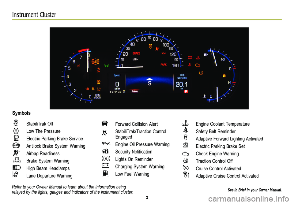 CADILLAC ATS 2014 Convenience & Personalization Guide 3
Instrument Cluster
Refer to your Owner Manual to learn about the information being relayed by the lights, gauges and indicators of the instrument cluster.
StabiliTrak Off
Low Tire Pressure
CADILLAC ATS 2014 Convenience & Personalization Guide 3
Instrument Cluster
Refer to your Owner Manual to learn about the information being relayed by the lights, gauges and indicators of the instrument cluster.
StabiliTrak Off
Low Tire Pressure