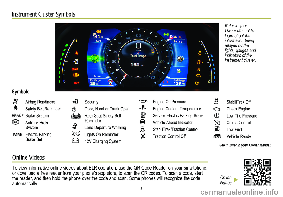 CADILLAC ELR 2014  Convenience & Personalization Guide Instrument Cluster Symbols
Refer to your Owner Manual to learn about the information being relayed by the lights, gauges and indicators of the instrument cluster.
 Airbag Readiness
 Safety Belt Remind