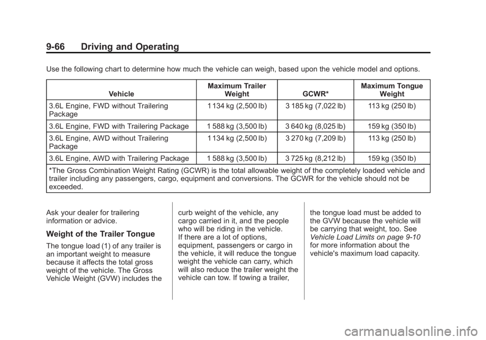 CADILLAC SRX 2014 Service Manual Black plate (66,1)Cadillac SRX Owner Manual (GMNA-Localizing-U.S./Canada/Mexico-
6081464) - 2014 - CRC - 10/4/13
9-66 Driving and Operating
Use the following chart to determine how much the vehicle ca