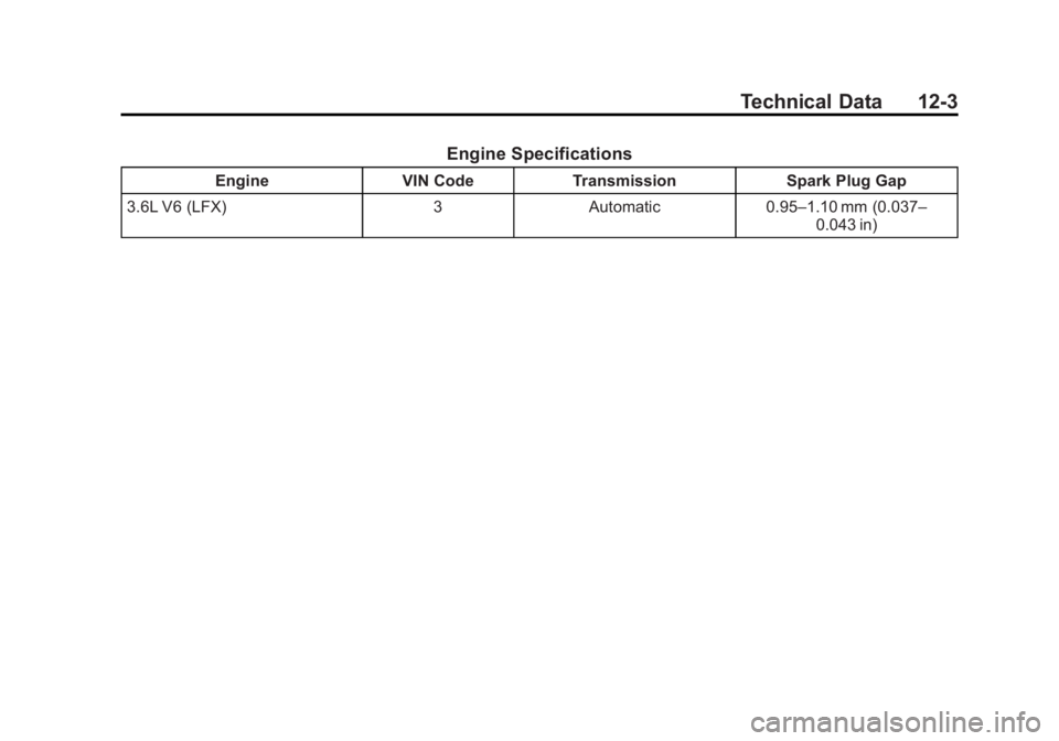 CADILLAC SRX 2014  Owners Manual Black plate (3,1)Cadillac SRX Owner Manual (GMNA-Localizing-U.S./Canada/Mexico-
6081464) - 2014 - CRC - 10/4/13
Technical Data 12-3
Engine Specifications
EngineVIN CodeTransmission Spark Plug Gap
3.6L