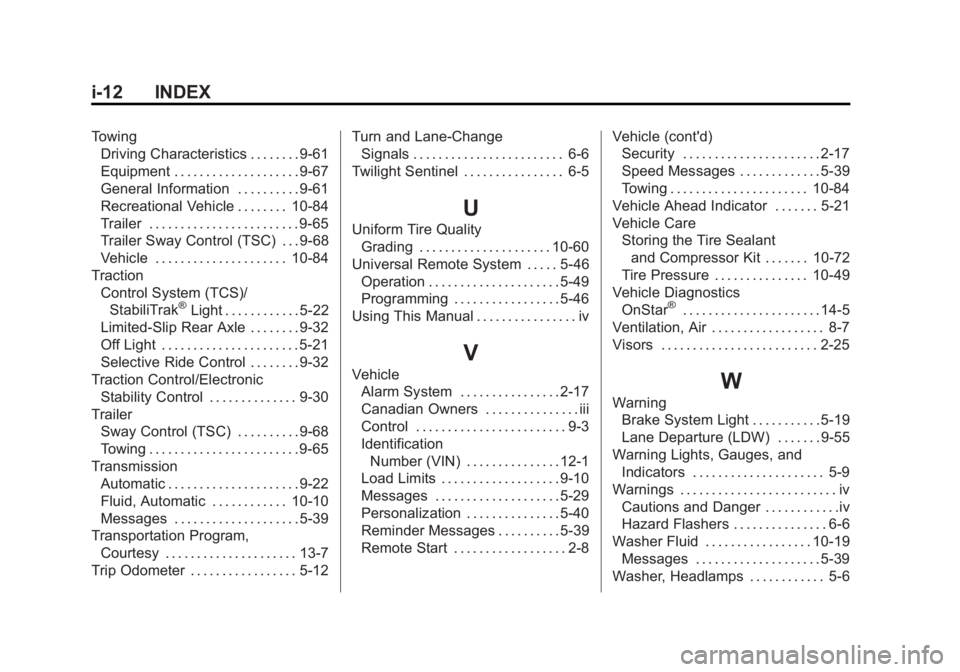 CADILLAC SRX 2014 Owners Guide Black plate (12,1)Cadillac SRX Owner Manual (GMNA-Localizing-U.S./Canada/Mexico-
6081464) - 2014 - CRC - 10/4/13
i-12 INDEX
TowingDriving Characteristics . . . . . . . . 9-61
Equipment . . . . . . . . CADILLAC SRX 2014 Owners Guide Black plate (12,1)Cadillac SRX Owner Manual (GMNA-Localizing-U.S./Canada/Mexico-
6081464) - 2014 - CRC - 10/4/13
i-12 INDEX
TowingDriving Characteristics . . . . . . . . 9-61
Equipment . . . . . . . .