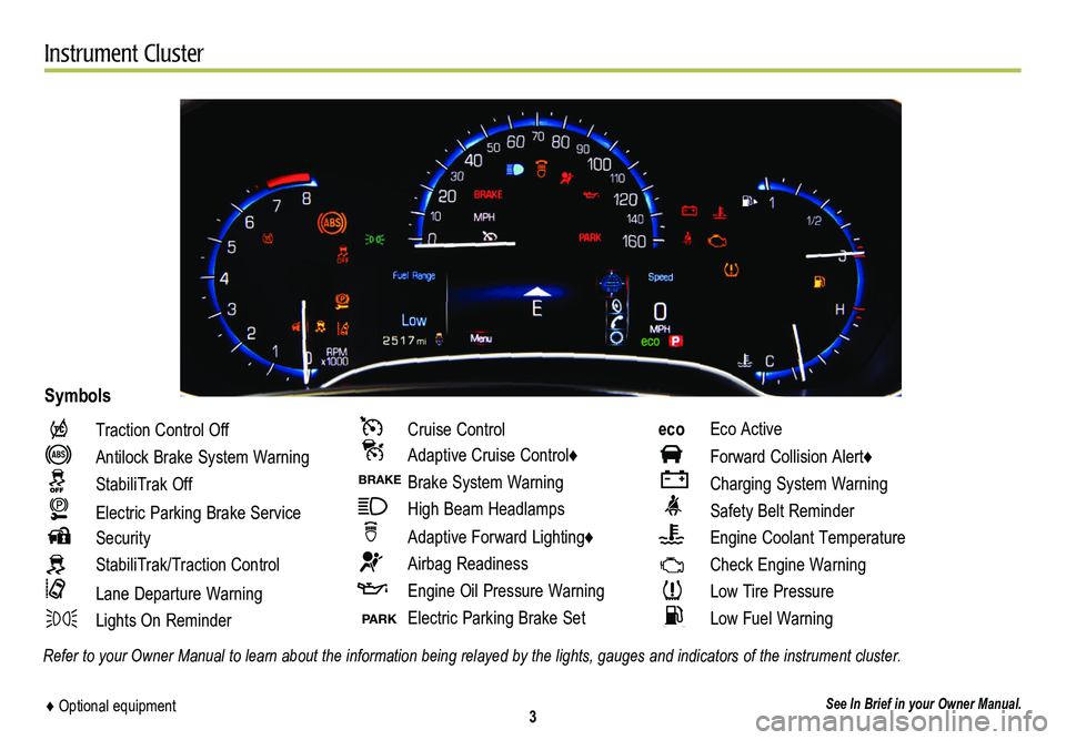 CADILLAC SRX 2014  Convenience & Personalization Guide       3
Instrument Cluster
Refer to your Owner Manual to learn about the information being relayed \
by the lights, gauges and indicators of the instrument cluster.
 Traction Control Off
 Antilock Bra