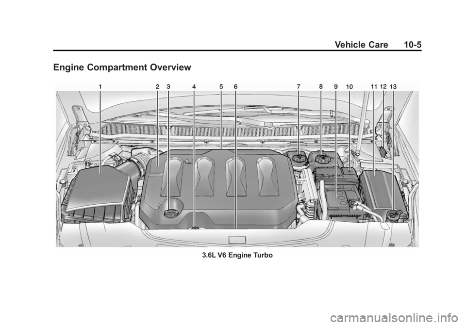 CADILLAC XTS 2014 Repair Manual Black plate (5,1)Cadillac XTS Owner Manual (GMNA-Localizing-U.S./Canada-6006999) -
2014 - CRC - 9/11/13
Vehicle Care 10-5
Engine Compartment Overview
3.6L V6 Engine Turbo CADILLAC XTS 2014 Repair Manual Black plate (5,1)Cadillac XTS Owner Manual (GMNA-Localizing-U.S./Canada-6006999) -
2014 - CRC - 9/11/13
Vehicle Care 10-5
Engine Compartment Overview
3.6L V6 Engine Turbo