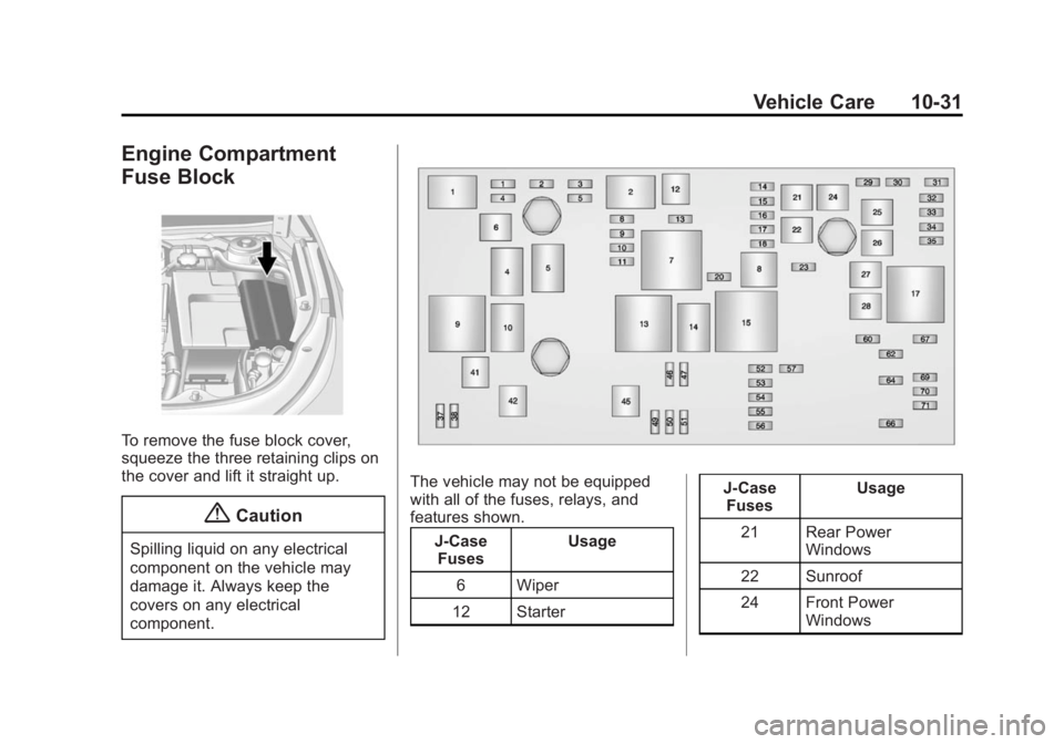 CADILLAC XTS 2014 Owners Manual Black plate (31,1)Cadillac XTS Owner Manual (GMNA-Localizing-U.S./Canada-6006999) -
2014 - CRC - 9/11/13
Vehicle Care 10-31
Engine Compartment
Fuse Block
To remove the fuse block cover,
squeeze the th CADILLAC XTS 2014 Owners Manual Black plate (31,1)Cadillac XTS Owner Manual (GMNA-Localizing-U.S./Canada-6006999) -
2014 - CRC - 9/11/13
Vehicle Care 10-31
Engine Compartment
Fuse Block
To remove the fuse block cover,
squeeze the th