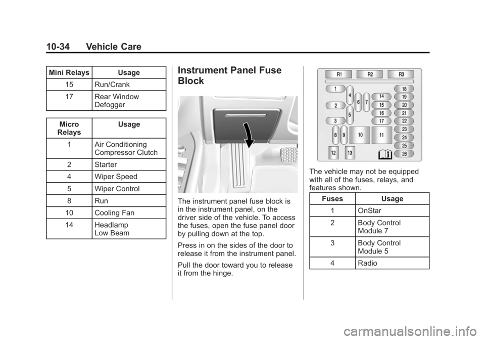 CADILLAC XTS 2014 Owners Manual Black plate (34,1)Cadillac XTS Owner Manual (GMNA-Localizing-U.S./Canada-6006999) -
2014 - CRC - 9/11/13
10-34 Vehicle Care
Mini Relays Usage15 Run/Crank
17 Rear Window Defogger
Micro
Relays Usage
1 A CADILLAC XTS 2014 Owners Manual Black plate (34,1)Cadillac XTS Owner Manual (GMNA-Localizing-U.S./Canada-6006999) -
2014 - CRC - 9/11/13
10-34 Vehicle Care
Mini Relays Usage15 Run/Crank
17 Rear Window Defogger
Micro
Relays Usage
1 A