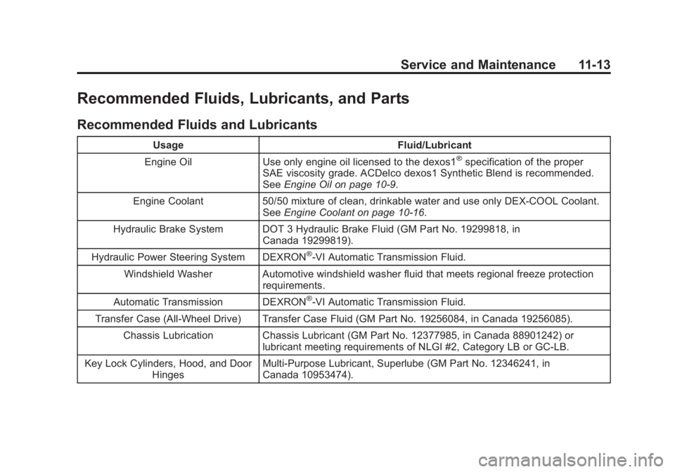 CADILLAC XTS 2014 Owners Manual Black plate (13,1)Cadillac XTS Owner Manual (GMNA-Localizing-U.S./Canada-6006999) -
2014 - CRC - 9/11/13
Service and Maintenance 11-13
Recommended Fluids, Lubricants, and Parts
Recommended Fluids and CADILLAC XTS 2014 Owners Manual Black plate (13,1)Cadillac XTS Owner Manual (GMNA-Localizing-U.S./Canada-6006999) -
2014 - CRC - 9/11/13
Service and Maintenance 11-13
Recommended Fluids, Lubricants, and Parts
Recommended Fluids and
