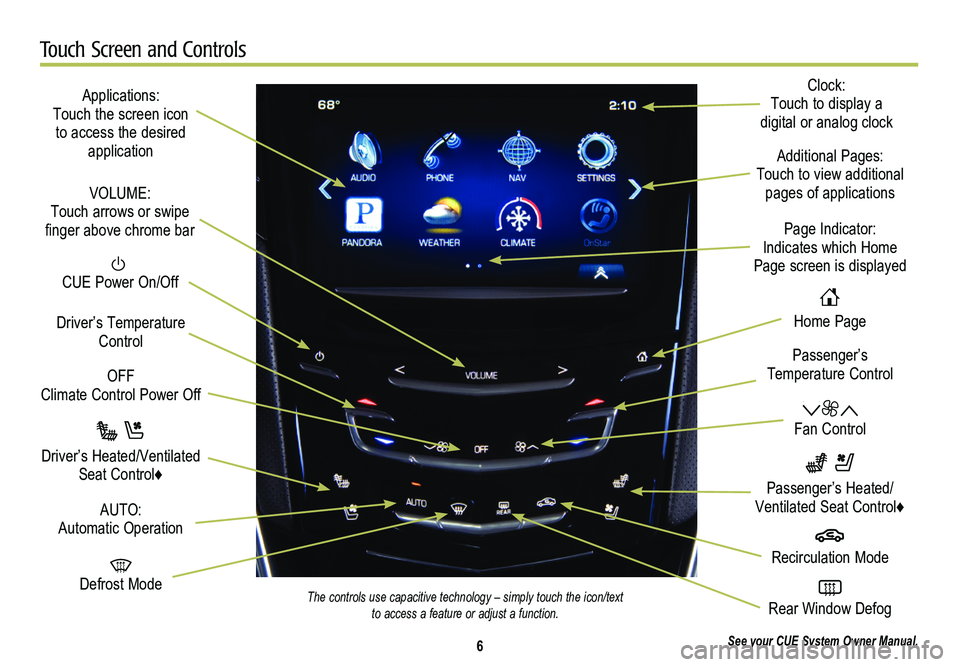 CADILLAC XTS 2014  Convenience & Personalization Guide 6
Touch Screen and Controls
Applications: Touch the screen icon to access the desired application
See your CUE System Owner Manual. 
  CUE Power On/Off
OFF Climate Control Power Off
  Defrost Mode
Dri