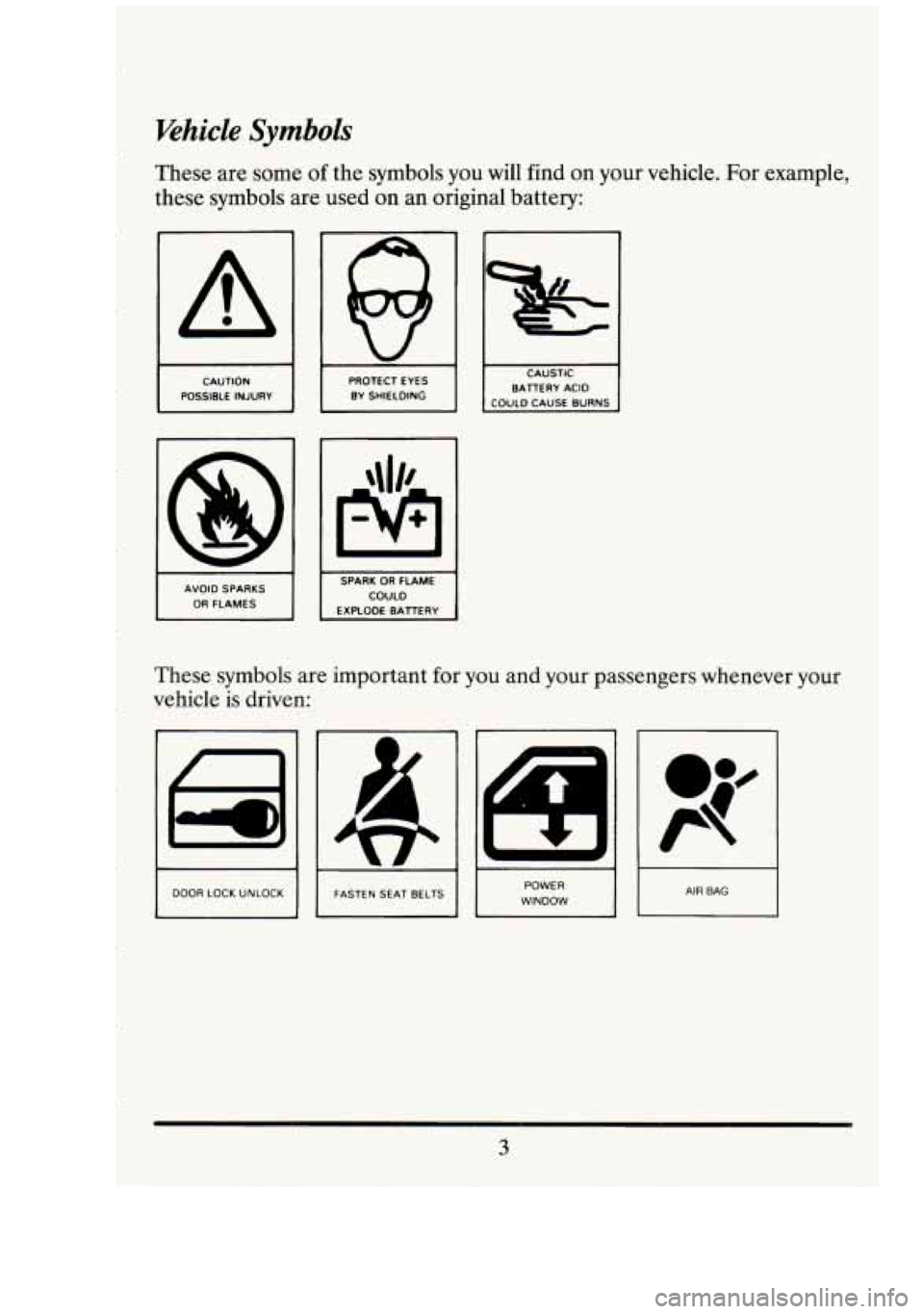 CADILLAC FLEETWOOD 1994 User Guide Vehicle Symbols 
r 
These are some  of the  symbols  you  will  find  on your  vehicle.  For example, 
these  symbols  are used  on  an  original  battery: 
A 
POSSIBLE  INJURY  PROTECT  EYES 
BY  SHI