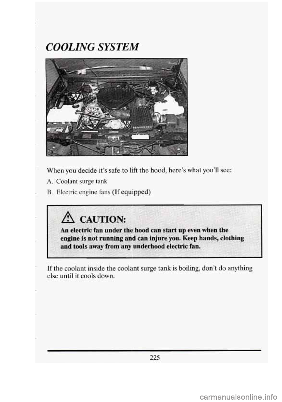CADILLAC FLEETWOOD 1994  Owners Manual r COOLING SYSTEM 
When you decide  it’s  safe  to lift  the  hood,  here’s  what  you’ll see: 
A. Coolant  surge  tank 
B. Electric  engine  fans (If equipped) 
If the coolant  inside the coolan