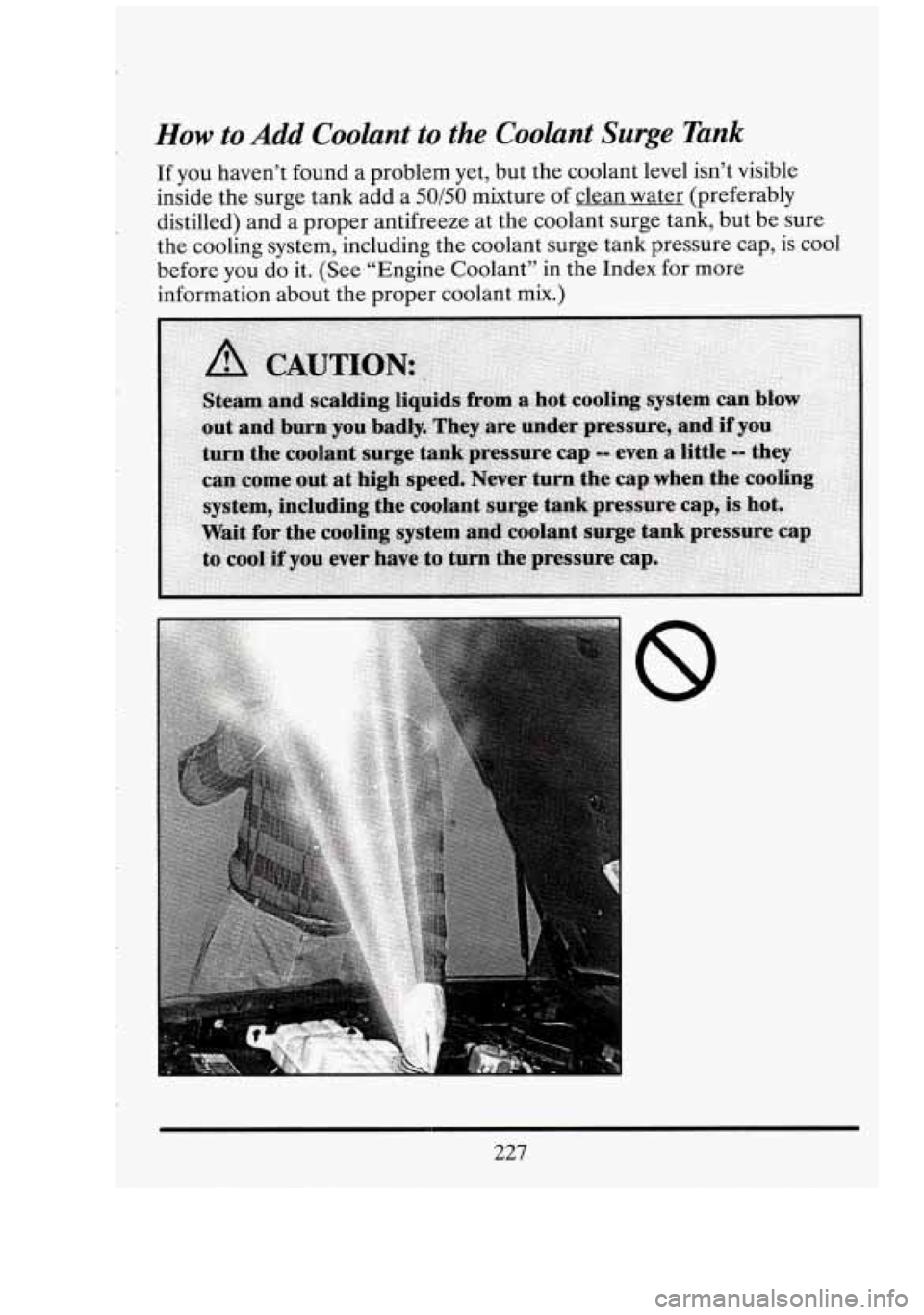 CADILLAC FLEETWOOD 1994  Owners Manual r_ How to Add Coolant to the  Coolant  Surge  Tank 
If  you  haven’t  found a problem  yet, but the coolant  level  isn’t  visible 
inside  the surge tank add  a 
50/50 mixture of clean water (pre