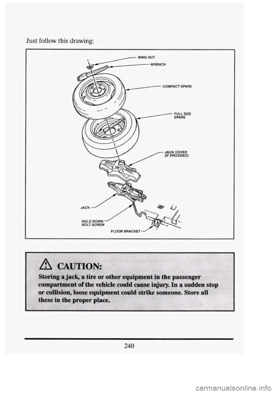 CADILLAC FLEETWOOD 1994  Owners Manual Just follow this drawing: 
I WING  NUT COMPACT  SPARE 
BOLT  SCREW 
I 
FLOOR BRACKET 
~  ~ 
240 
u 
t]  