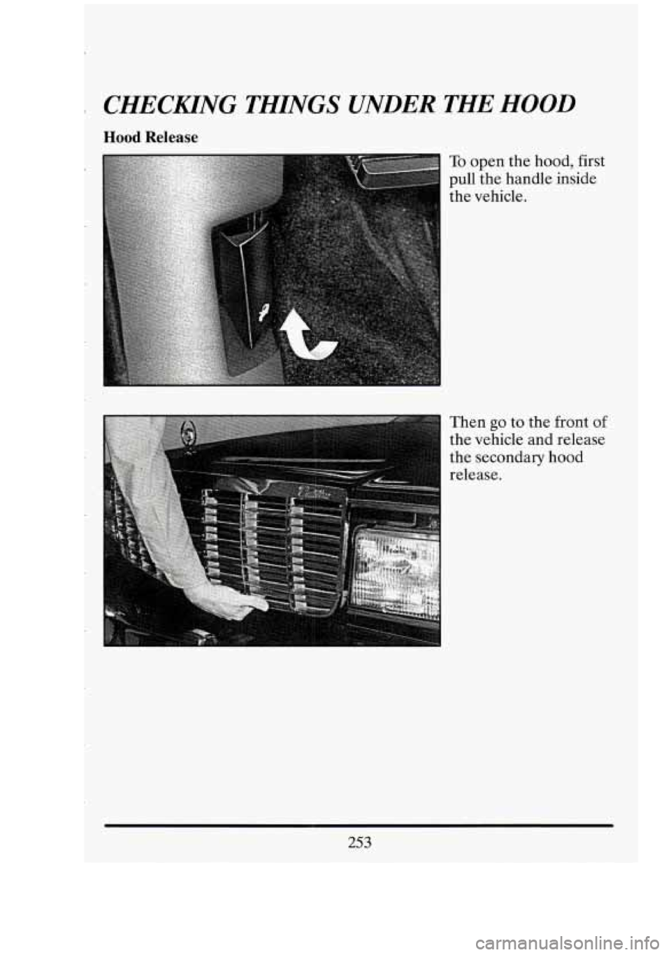 CADILLAC FLEETWOOD 1994 Owners Manual CHECKIING THINGS UNDER THE HOOD
Hood Release
To open the hood, first
pull the handle inside
the vehicle.
Then
go to the front of
the vehicle and release
the secondary hood
release.
CADILLAC FLEETWOOD 1994 Owners Manual CHECKIING THINGS UNDER THE HOOD
Hood Release
To open the hood, first
pull the handle inside
the vehicle.
Then
go to the front of
the vehicle and release
the secondary hood
release.
