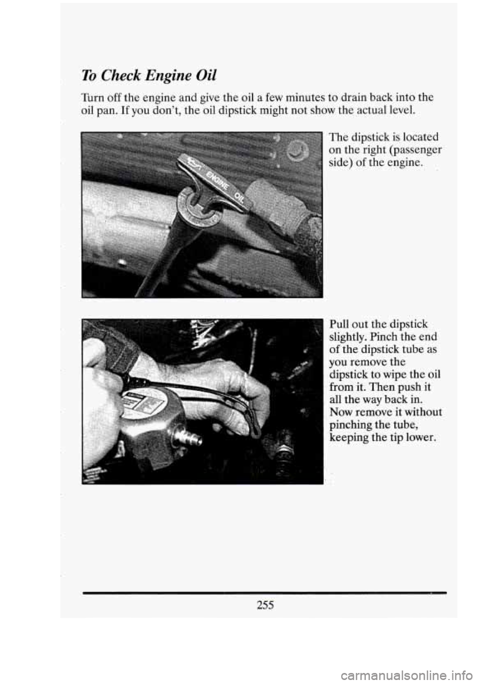 CADILLAC FLEETWOOD 1994 Owners Manual To Check Engine Oil
Turn off the engine and give the oil a few minutes to drain back into the
oil pan. If you dont, the oil dipstick might not show the actual level.
I Pull out the d CADILLAC FLEETWOOD 1994 Owners Manual To Check Engine Oil
Turn off the engine and give the oil a few minutes to drain back into the
oil pan. If you dont, the oil dipstick might not show the actual level.
I Pull out the d