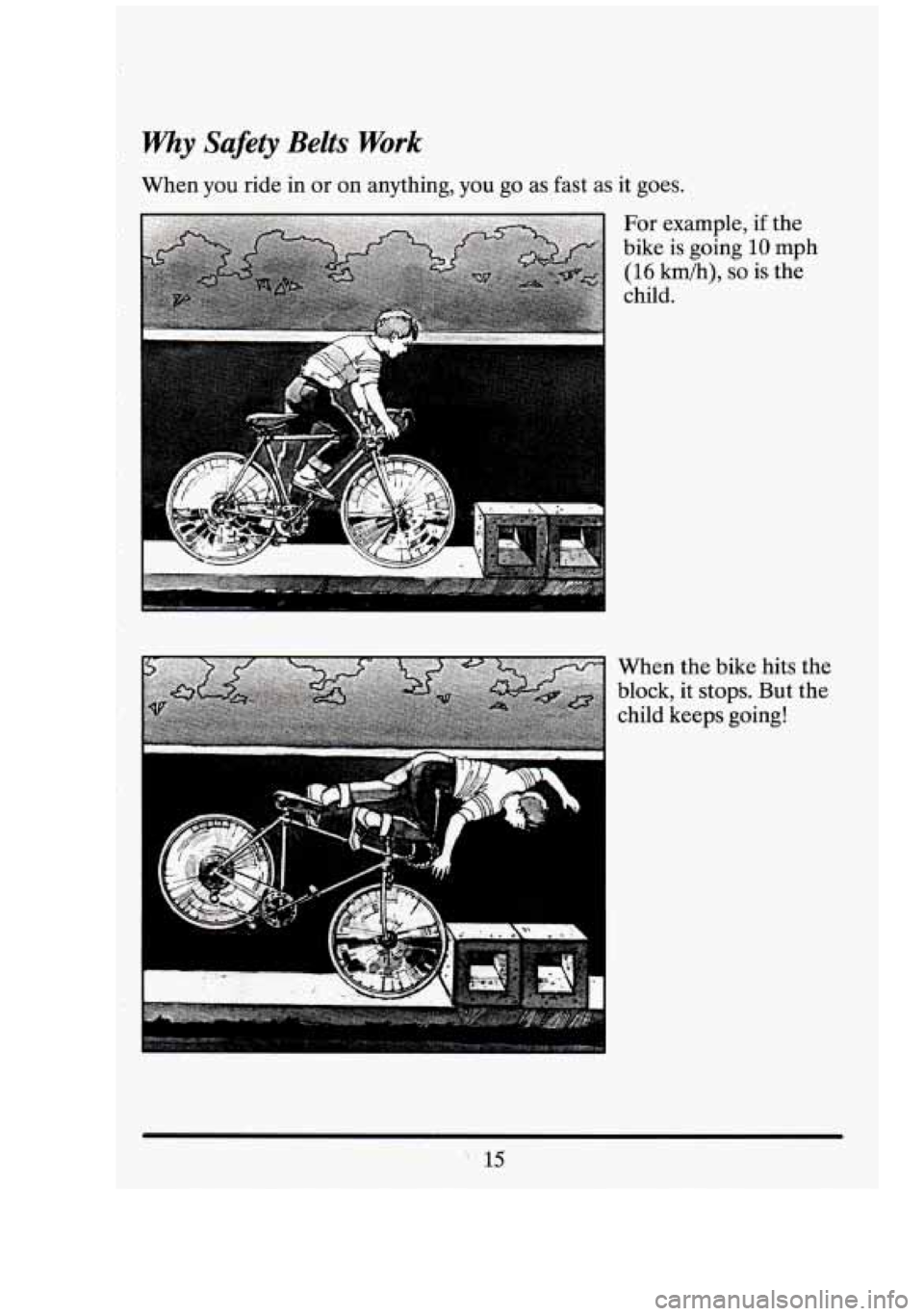 CADILLAC FLEETWOOD 1994 Owners Manual why Safety Belts Work 
When you ride in or on anything, you go as fast as it  goes. 
When  the bike  hits the 
block,  it stops.  But the 
child  keeps  going! 
- 
- 
-I  