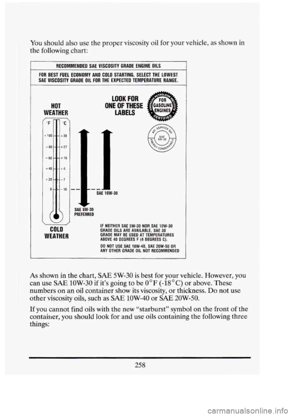 CADILLAC FLEETWOOD 1994 Owners Manual You should also use the proper viscosity oil for your vehicle, as shown in
the following chart:
RECOMMENDED SAE VISCOSITY GRADE ENGINE OILS
FOR BEST FUEL ECONOMY AND COLD STARTING, CADILLAC FLEETWOOD 1994 Owners Manual You should also use the proper viscosity oil for your vehicle, as shown in
the following chart:
RECOMMENDED SAE VISCOSITY GRADE ENGINE OILS
FOR BEST FUEL ECONOMY AND COLD STARTING,