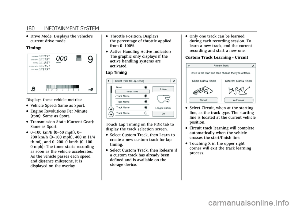 CADILLAC CT5 2022 Owners Manual Cadillac CT5 Owner Manual (GMNA-Localizing-U.S./Canada-15268585) -
2022 - CRC - 10/11/21
180 INFOTAINMENT SYSTEM
.Drive Mode: Displays the vehicle’s
current drive mode.
Timing:
Displays these vehicl CADILLAC CT5 2022 Owners Manual Cadillac CT5 Owner Manual (GMNA-Localizing-U.S./Canada-15268585) -
2022 - CRC - 10/11/21
180 INFOTAINMENT SYSTEM
.Drive Mode: Displays the vehicle’s
current drive mode.
Timing:
Displays these vehicl