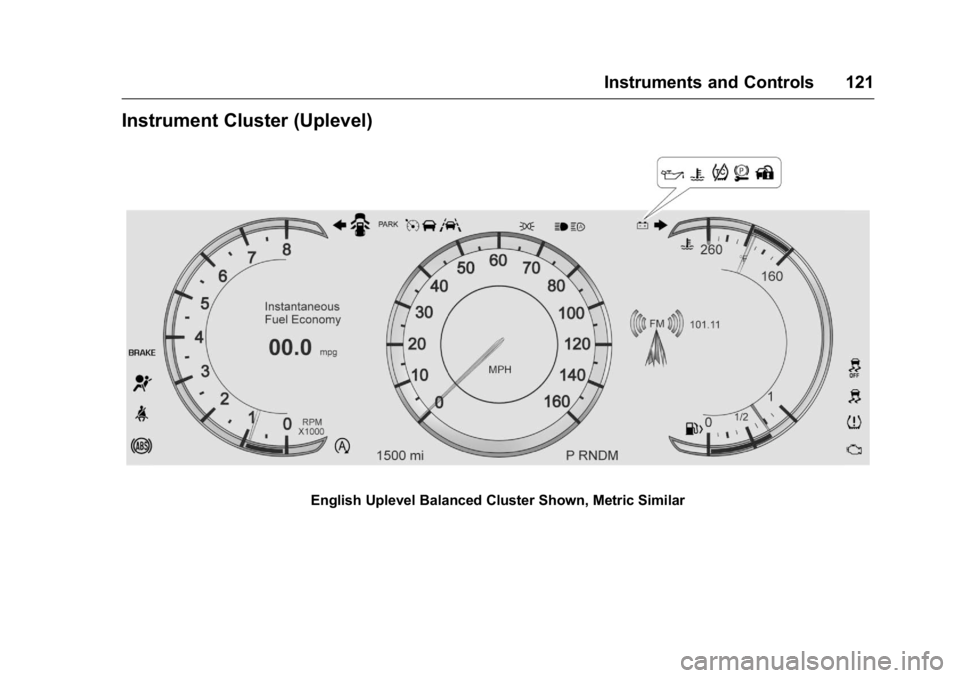 CADILLAC CT6 2016 Owners Manual Cadillac CT6 Owner Manual (GMNA-Localizing-U.S./Canada-9235592) -
2016 - crc - 11/6/15
Instruments and Controls 121
Instrument Cluster (Uplevel)
English Uplevel Balanced Cluster Shown, Metric Similar CADILLAC CT6 2016 Owners Manual Cadillac CT6 Owner Manual (GMNA-Localizing-U.S./Canada-9235592) -
2016 - crc - 11/6/15
Instruments and Controls 121
Instrument Cluster (Uplevel)
English Uplevel Balanced Cluster Shown, Metric Similar