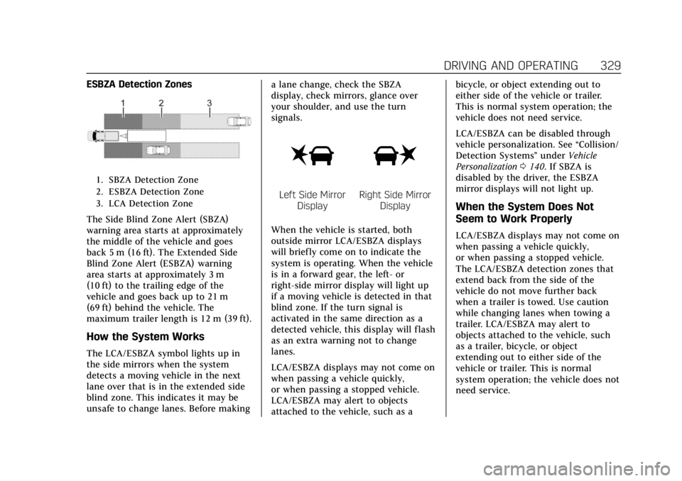 CADILLAC ESCALADE 2022 Owners Guide Cadillac Escalade Owner Manual (GMNA-Localizing-U.S./Canada/Mexico-
15567102) - 2022 - CRC - 11/17/21
DRIVING AND OPERATING 329
ESBZA Detection Zones
1. SBZA Detection Zone
2. ESBZA Detection Zone
3. CADILLAC ESCALADE 2022 Owners Guide Cadillac Escalade Owner Manual (GMNA-Localizing-U.S./Canada/Mexico-
15567102) - 2022 - CRC - 11/17/21
DRIVING AND OPERATING 329
ESBZA Detection Zones
1. SBZA Detection Zone
2. ESBZA Detection Zone
3.