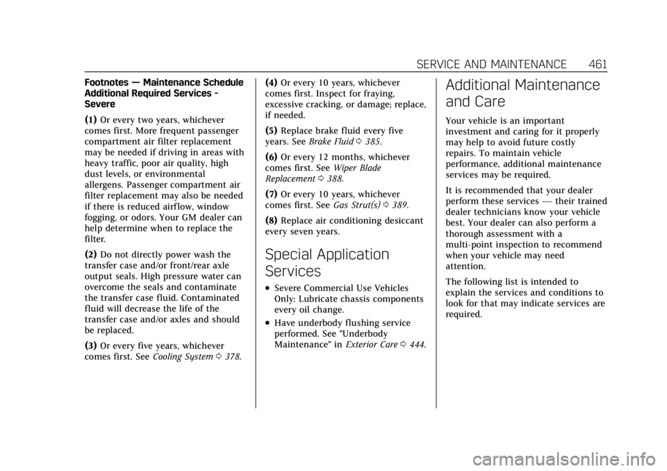 CADILLAC ESCALADE 2022 Repair Manual Cadillac Escalade Owner Manual (GMNA-Localizing-U.S./Canada/Mexico-
15567102) - 2022 - CRC - 11/17/21
SERVICE AND MAINTENANCE 461
Footnotes—Maintenance Schedule
Additional Required Services -
Severe CADILLAC ESCALADE 2022 Repair Manual Cadillac Escalade Owner Manual (GMNA-Localizing-U.S./Canada/Mexico-
15567102) - 2022 - CRC - 11/17/21
SERVICE AND MAINTENANCE 461
Footnotes—Maintenance Schedule
Additional Required Services -
Severe