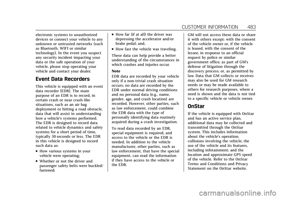 CADILLAC ESCALADE 2022 Owners Manual Cadillac Escalade Owner Manual (GMNA-Localizing-U.S./Canada/Mexico-
15567102) - 2022 - CRC - 11/17/21
CUSTOMER INFORMATION 483
electronic systems to unauthorized
devices or connect your vehicle to any CADILLAC ESCALADE 2022 Owners Manual Cadillac Escalade Owner Manual (GMNA-Localizing-U.S./Canada/Mexico-
15567102) - 2022 - CRC - 11/17/21
CUSTOMER INFORMATION 483
electronic systems to unauthorized
devices or connect your vehicle to any