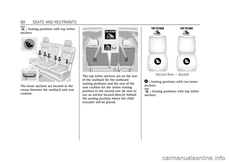 CADILLAC ESCALADE 2022 Manual Online Cadillac Escalade Owner Manual (GMNA-Localizing-U.S./Canada/Mexico-
15567102) - 2022 - CRC - 11/17/21
88 SEATS AND RESTRAINTS
}:Seating positions with top tether
anchors.
The lower anchors are located CADILLAC ESCALADE 2022 Manual Online Cadillac Escalade Owner Manual (GMNA-Localizing-U.S./Canada/Mexico-
15567102) - 2022 - CRC - 11/17/21
88 SEATS AND RESTRAINTS
}:Seating positions with top tether
anchors.
The lower anchors are located