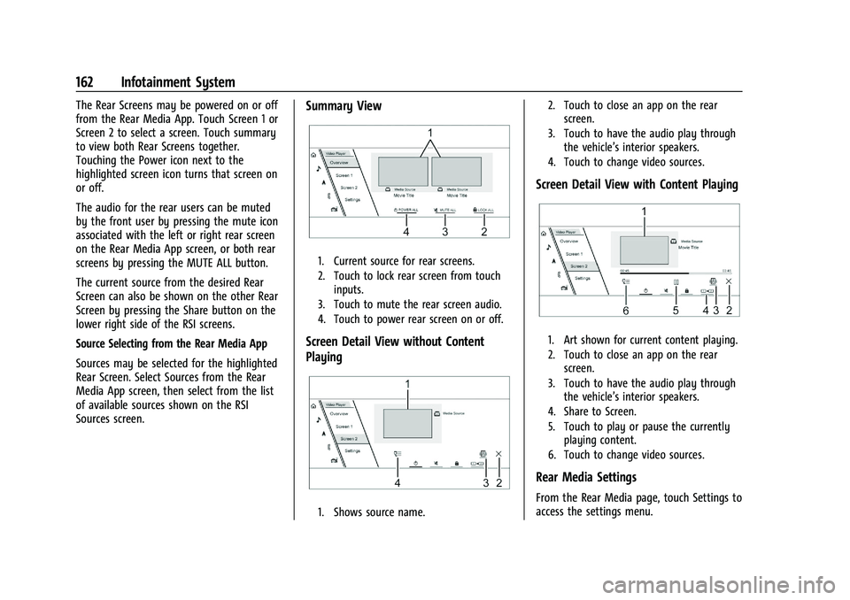 CADILLAC ESCALADE 2023 Owners Manual Cadillac Escalade Owner Manual (GMNA-Localizing-U.S./Canada/Mexico-
16417396) - 2023 - CRC - 5/9/22
162 Infotainment System
The Rear Screens may be powered on or off
from the Rear Media App. Touch Scr CADILLAC ESCALADE 2023 Owners Manual Cadillac Escalade Owner Manual (GMNA-Localizing-U.S./Canada/Mexico-
16417396) - 2023 - CRC - 5/9/22
162 Infotainment System
The Rear Screens may be powered on or off
from the Rear Media App. Touch Scr