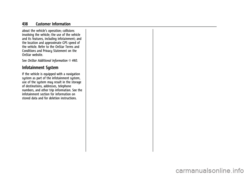 CADILLAC ESCALADE 2023 Owners Manual Cadillac Escalade Owner Manual (GMNA-Localizing-U.S./Canada/Mexico-
16417396) - 2023 - CRC - 5/9/22
438 Customer Information
about the vehicle’s operation; collisions
involving the vehicle; the use CADILLAC ESCALADE 2023 Owners Manual Cadillac Escalade Owner Manual (GMNA-Localizing-U.S./Canada/Mexico-
16417396) - 2023 - CRC - 5/9/22
438 Customer Information
about the vehicle’s operation; collisions
involving the vehicle; the use