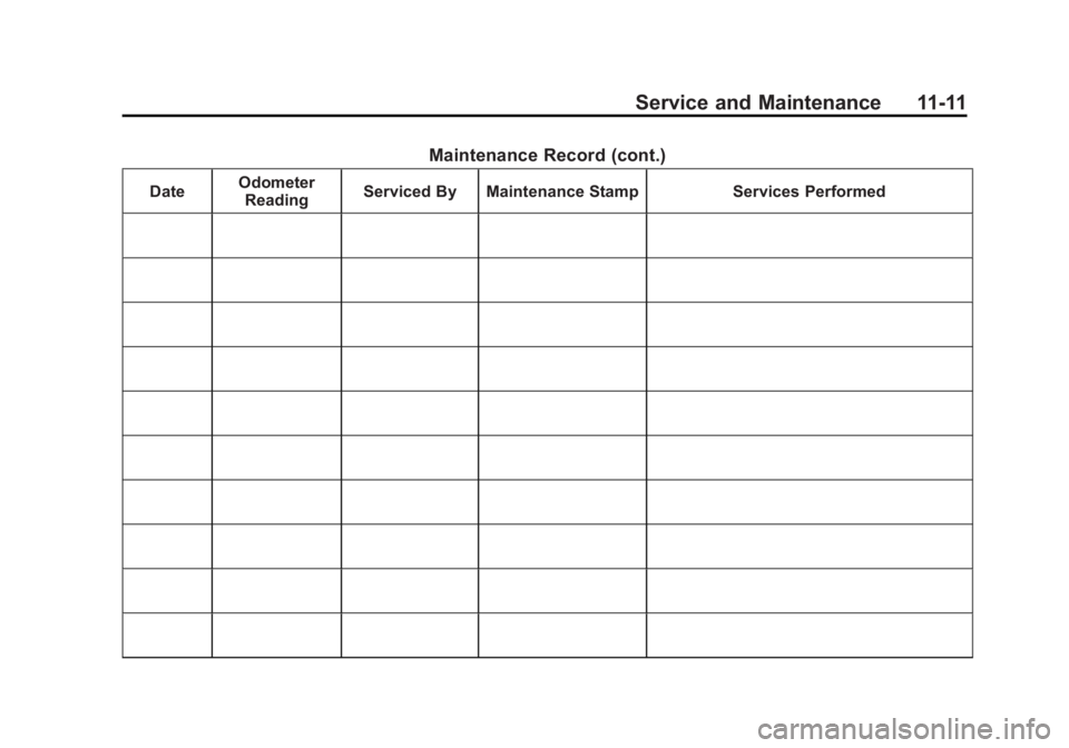CADILLAC ESCALADE ESV 2011  Owners Manual Black plate (11,1)Cadillac Escalade/Escalade ESV Owner Manual - 2011
Service and Maintenance 11-11Maintenance Record (cont.)Date Odometer
Reading Serviced By Maintenance Stamp Services Performed 
