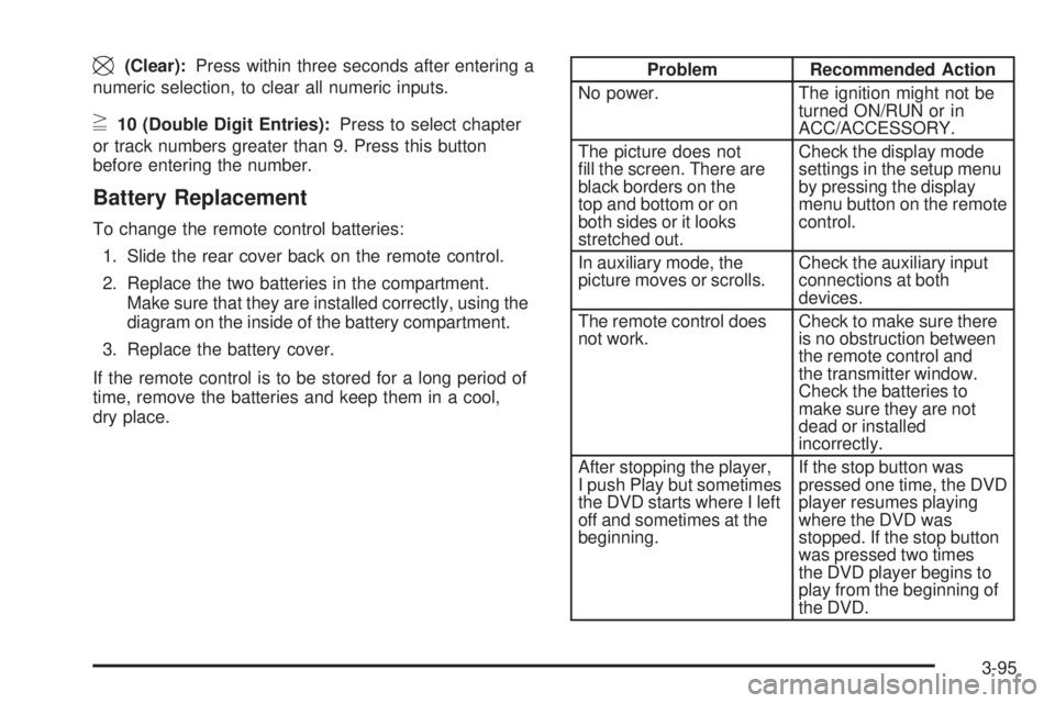 CADILLAC ESCALADE ESV 2009 User Guide \ (Clear): Press within three seconds after entering a
numeric selection, to clear all numeric inputs.
} 10 (Double Digit Entries): Press to select chapter
or track numbers greater than 9. Press this 