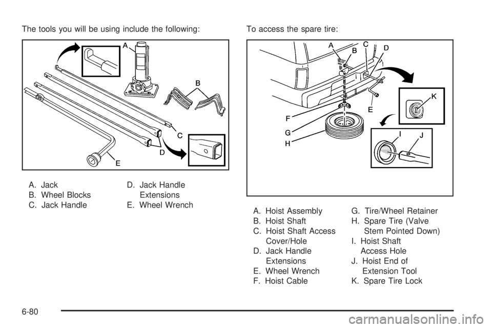 CADILLAC ESCALADE ESV 2009  Owners Manual The tools you will be using include the following:
A. Jack
B. Wheel Blocks
C. Jack Handle D. Jack Handle
Extensions
E. Wheel Wrench To access the spare tire:
A. Hoist Assembly
B. Hoist Shaft
C. Hoist 