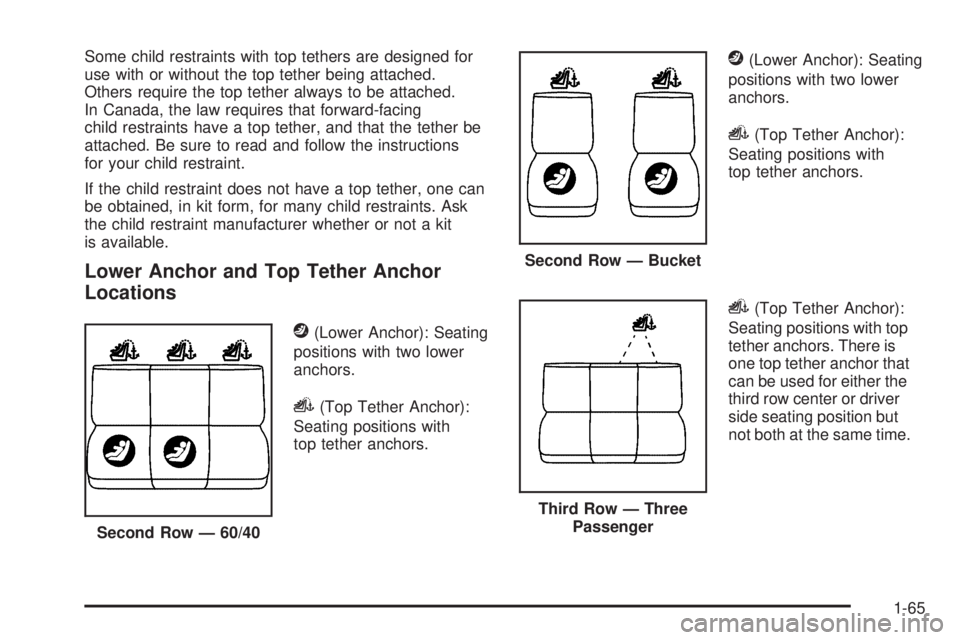 CADILLAC ESCALADE ESV 2009 Manual PDF Some child restraints with top tethers are designed for
use with or without the top tether being attached.
Others require the top tether always to be attached.
In Canada, the law requires that forward