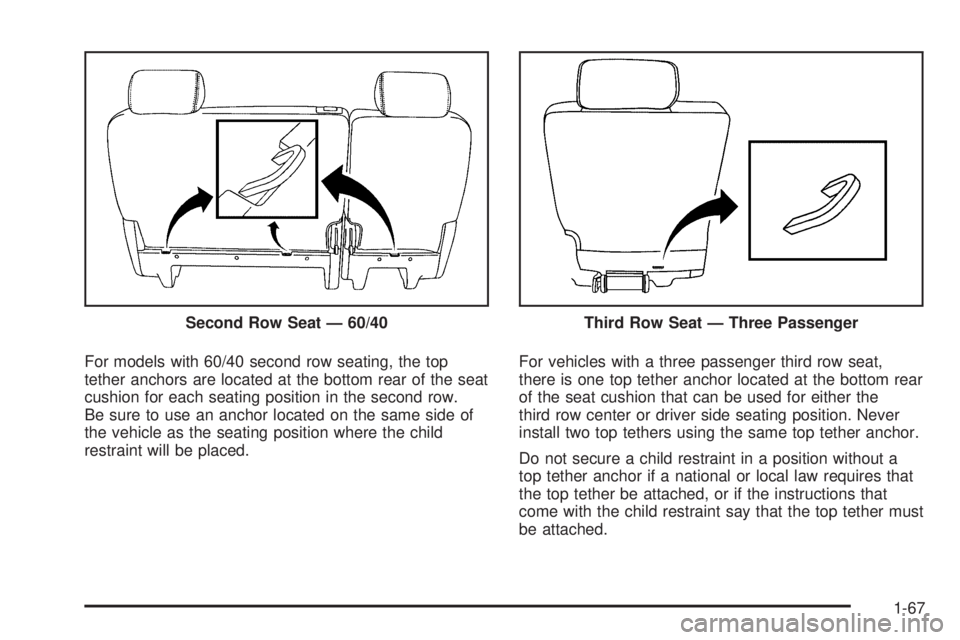CADILLAC ESCALADE ESV 2009 Manual PDF For models with 60/40 second row seating, the top
tether anchors are located at the bottom rear of the seat
cushion for each seating position in the second row.
Be sure to use an anchor located on the