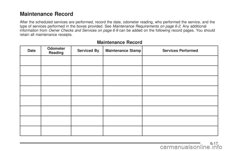 CADILLAC ESCALADE ESV 2008 Owners Manual Maintenance Record After the scheduled services are performed, record the date, odometer reading, who performed the service, and the
type of services performed in the boxes provided. See Maintenance R CADILLAC ESCALADE ESV 2008 Owners Manual Maintenance Record After the scheduled services are performed, record the date, odometer reading, who performed the service, and the
type of services performed in the boxes provided. See Maintenance R