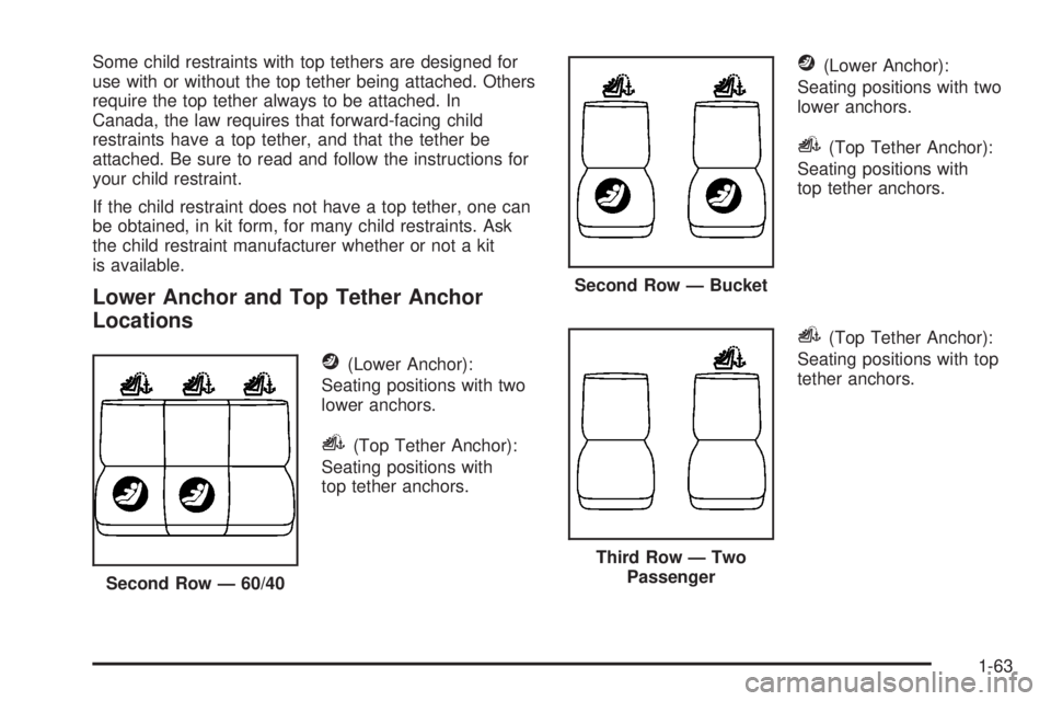 CADILLAC ESCALADE ESV 2008 Repair Manual Some child restraints with top tethers are designed for
use with or without the top tether being attached. Others
require the top tether always to be attached. In
Canada, the law requires that forward