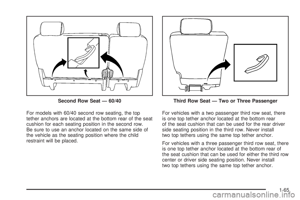 CADILLAC ESCALADE ESV 2008  Owners Manual For models with 60/40 second row seating, the top
tether anchors are located at the bottom rear of the seat
cushion for each seating position in the second row.
Be sure to use an anchor located on the